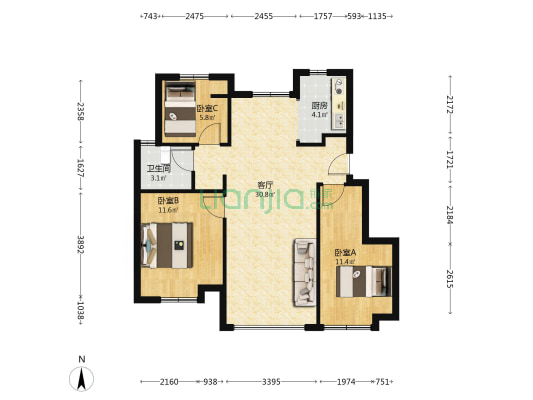 新城悦隽年华二期 3室1厅1卫 88平方