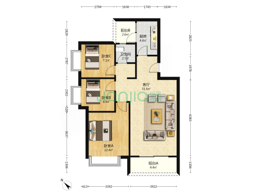 天耀园 3室1厅1卫 106平方