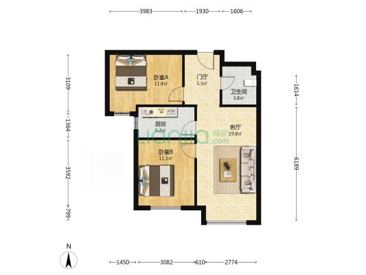 高铁新干线 2室1厅 南-户型图