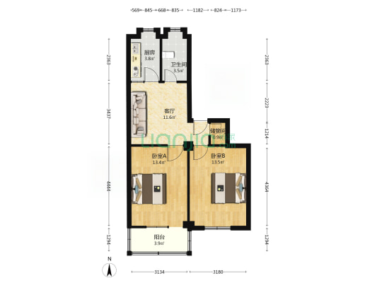 双岗市场综合楼 2室1厅1卫 61平方