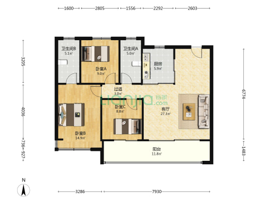 保利扬子萃云台 3室1厅2卫 115平方