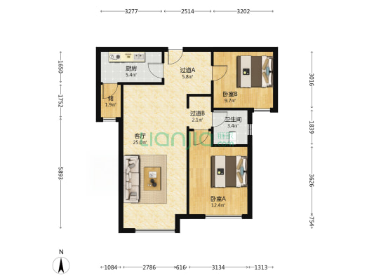 州河湾南园南区 2室1厅1卫 93平方