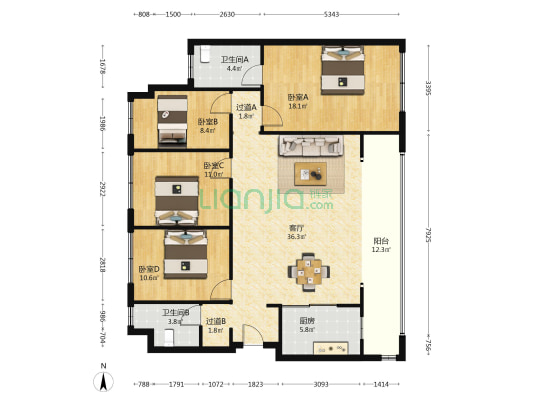 招商渝天府棠镜 4室1厅2卫 123平方