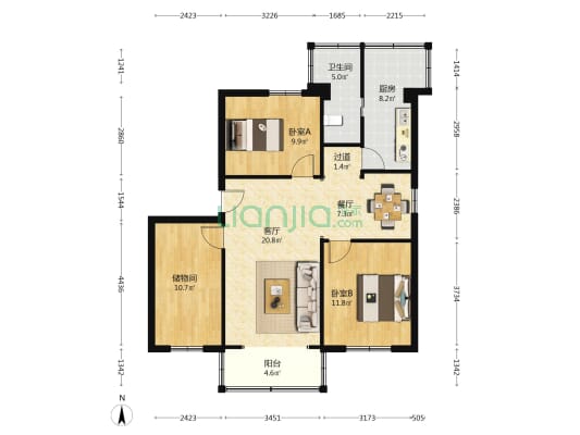 外贸住宅小区 2室2厅1卫 92平方