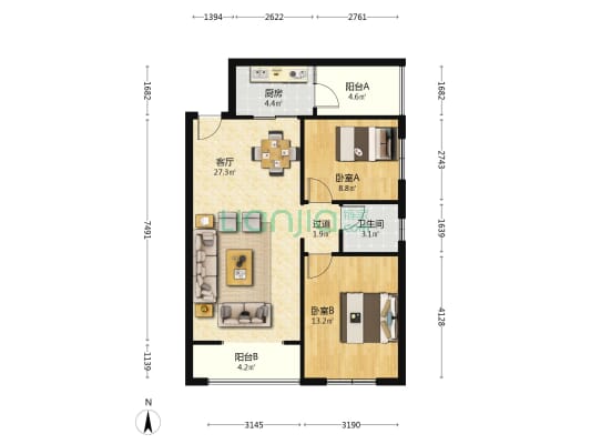 红建滨水名都 2室1厅1卫 87平方