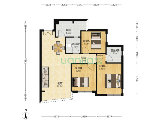 天府云城A区 3室1厅2卫 86平方