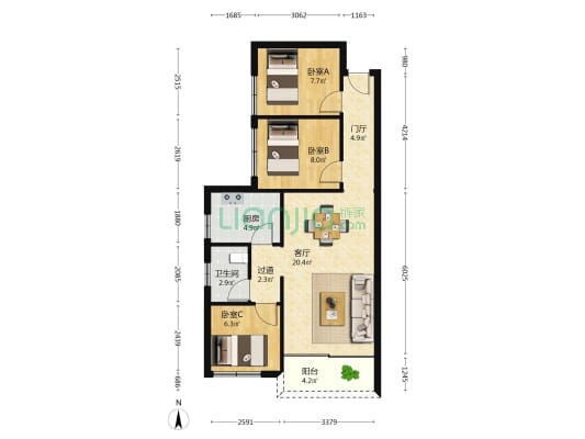 泥岗东路铁路小区 3室1厅1卫 70平方