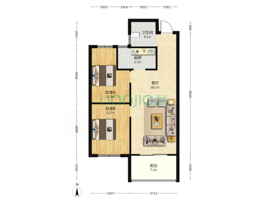 泰睿华府 2室1厅1卫 94平方