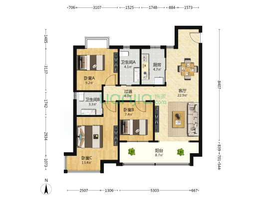 东投华章欣悦府 3室1厅2卫 104平方