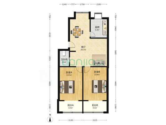 鄂教小区 2室1厅1卫 80平方