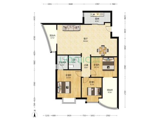 佳天国际新城 3室1厅2卫 126平方