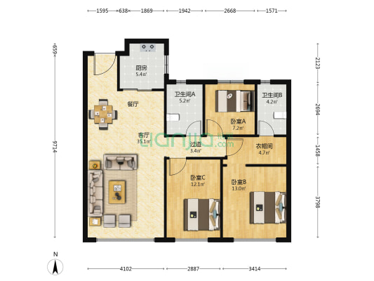 中海叁號院|广贤 3室1厅2卫 124平方