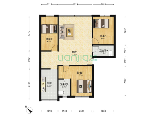 兴业大厦 3室1厅2卫 98平方