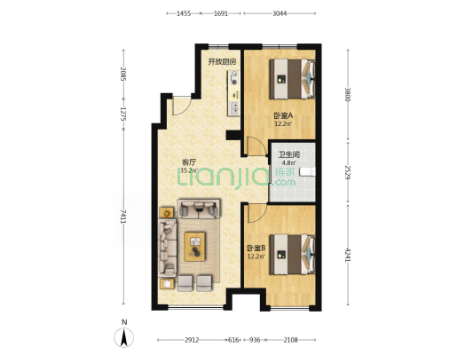 中车·共享城 2室1厅1卫 86平方