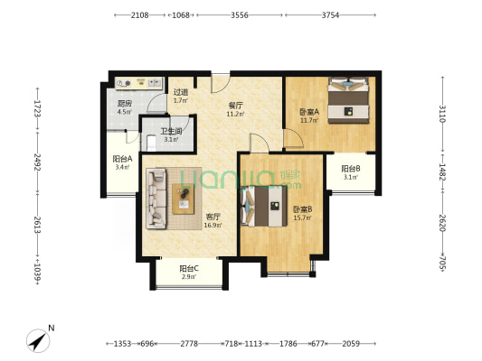 新杰36号公馆 2室2厅1卫 90平方