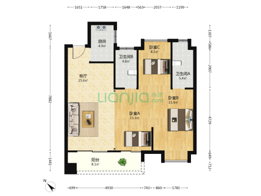 能建长江华府 3室1厅2卫 112平方