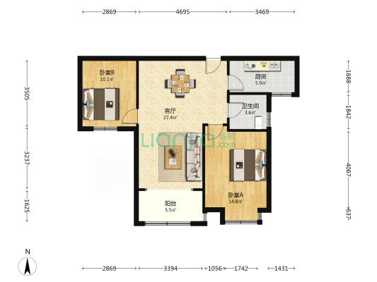 琴悦府 2室1厅1卫 92平方