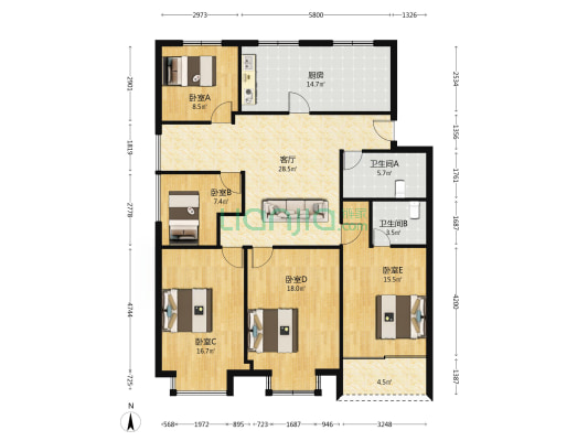 开发路小区 5室1厅2卫 147平方
