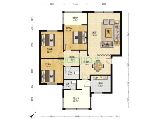 什化小区 3室1厅2卫 121平方