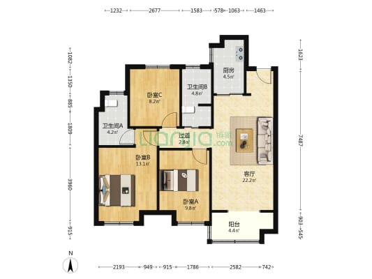 三盛中城 3室1厅2卫 98平方