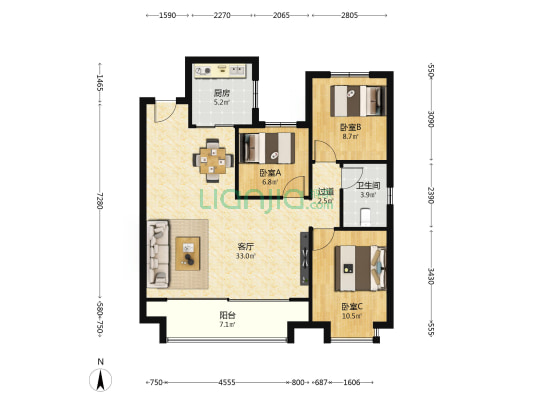 南昌旭辉中心C区 3室1厅1卫 105平方