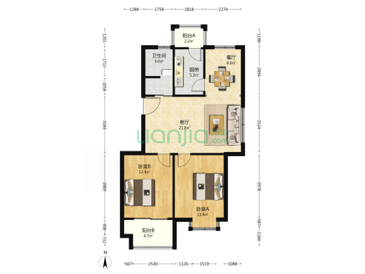 江畔花苑北区 2室2厅1卫 98平方