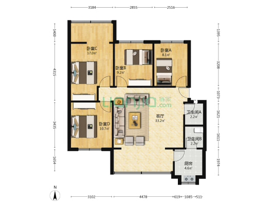 澄江街2号 4室1厅2卫 106平方