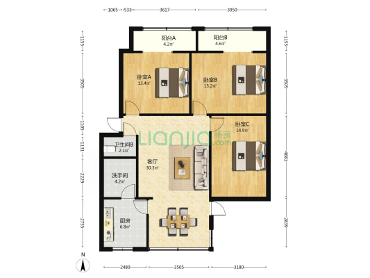 凤清小区 3室1厅2卫 112平方