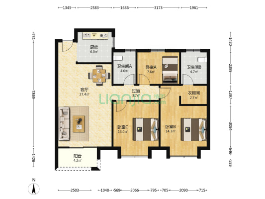 桃湖里花园东苑 3室1厅2卫 123平方