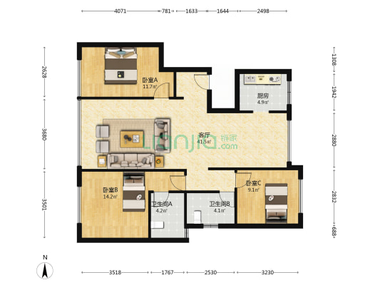 首开金地鹭鸣北湖 3室1厅2卫 114平方