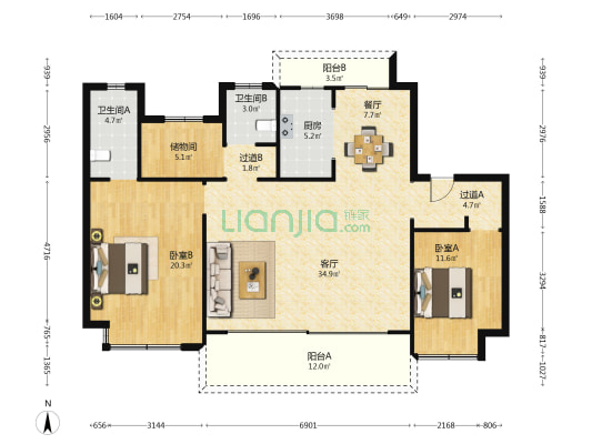 星澜都会花园 2室2厅2卫 133平方