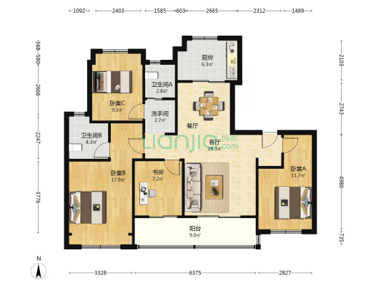 科技城幸福里 4室1厅3卫 132平方