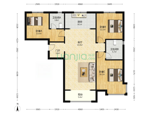 万科金域蓝湾二期 3室1厅2卫 133平方