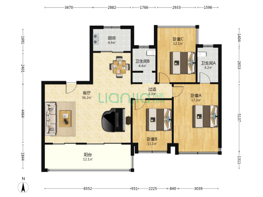 振兴湖境臻园 3室1厅2卫 146平方