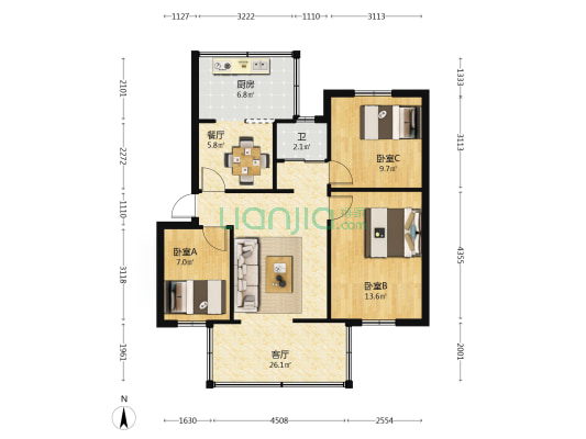 云南省人防办公室宿舍 3室2厅1卫 63平方