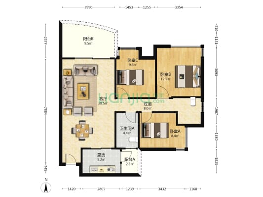 兆桂园住宅楼 3室1厅1卫 108平方
