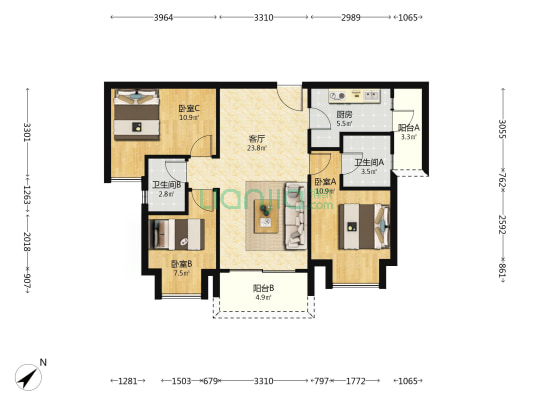 吾悦首府 3室1厅2卫 91平方