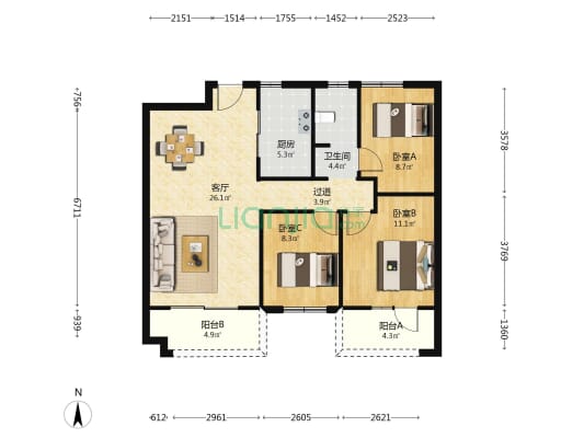 天翼花园 3室1厅1卫 100平方