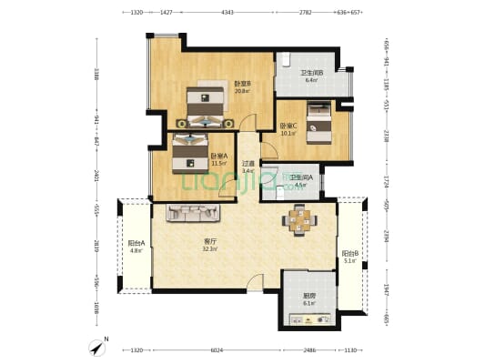 恒裕滨城一期 3室1厅2卫 113平方