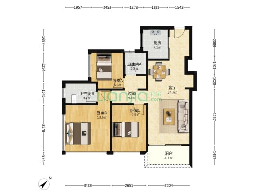 鸿荣源珈誉府 3室1厅2卫 96平方