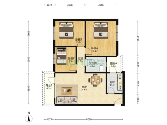 龙股商住楼 3室1厅1卫 90平方