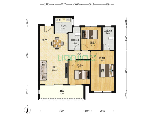 亚新橄榄城璟院 3室1厅2卫 108平方