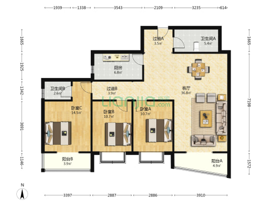 六合幸福门二期 3室1厅2卫 143平方