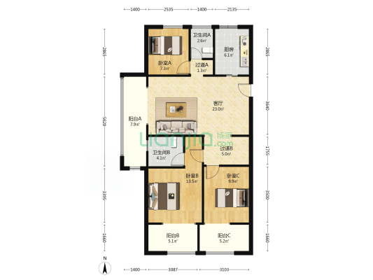明月江南 3室1厅2卫 116平方