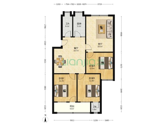 谊苑小区 3室2厅2卫 105平方