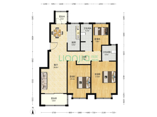 双砚居 3室1厅2卫 124平方