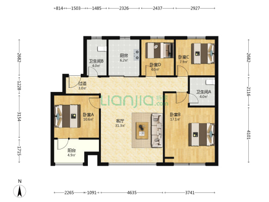 青特君悦 4室1厅2卫 118平方