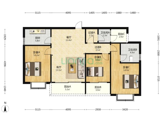 中八社区 3室2厅2卫 118平方