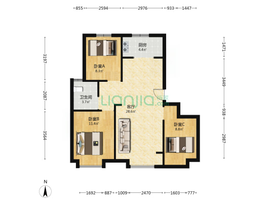 唐山鸿坤理想城 3室1厅1卫 97平方