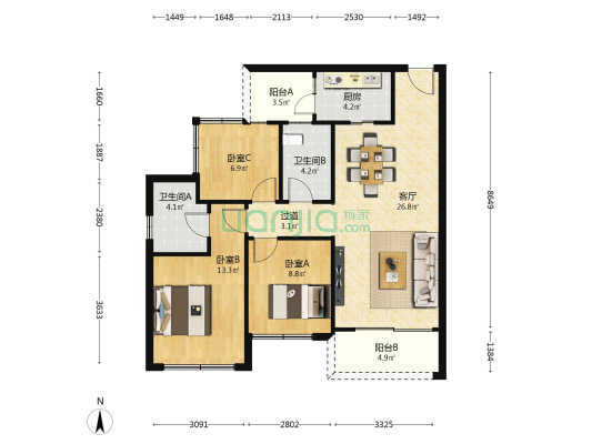 希望星悦城 3室1厅2卫 93平方
